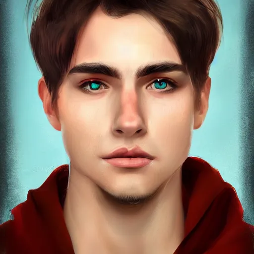 Image similar to realistic portrait, 25 years old man :: athletic fantasy mage :: green eyes, long brown hair :: wearing a robe :: high detail, digital art, RPG, concept art, illustration