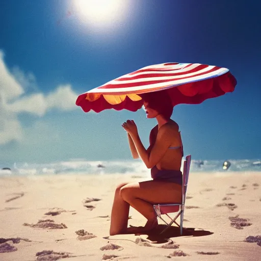 Image similar to a beautiful photo of an astronaut on the beach under a beach umbrella, summer sun, 1 9 7 0, soft light, morning light, photorealistic, realistic, octane, 8 k, cinematic shot