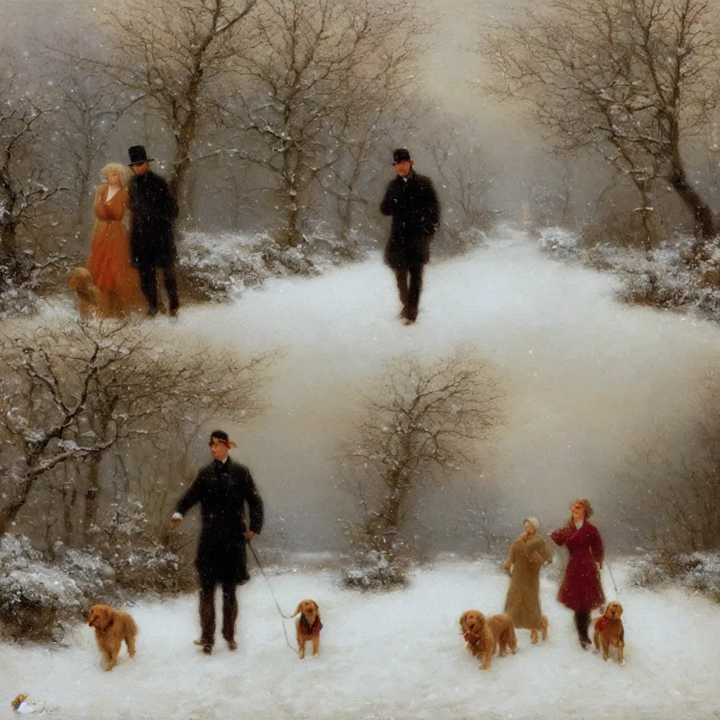 Prompt: Painting of a man and a woman walking their golden retriever dog in a snowy path, romantic, painted by Delphin Enjolras