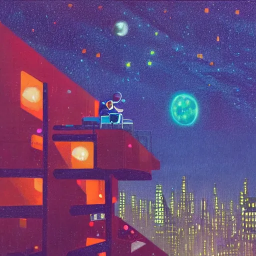 Image similar to a kid in a big city, sits on a rooftop, watches a beautiful night full of stars and tech buildings, detailed, by paul lehr