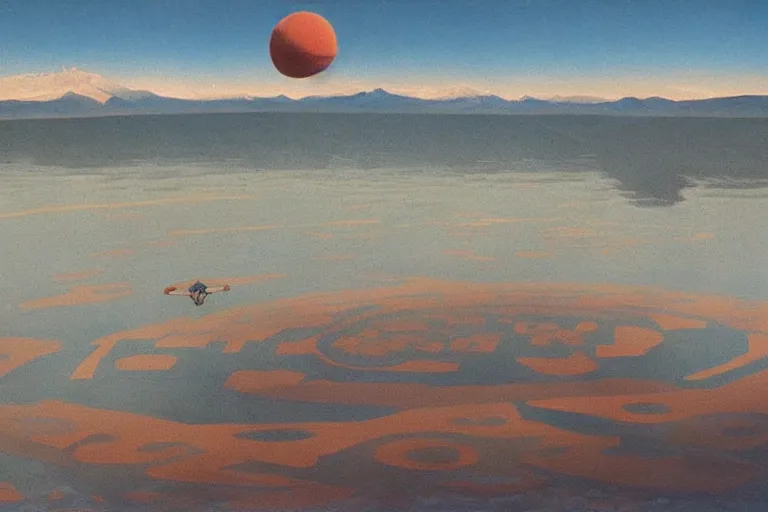 Image similar to a giant floating sphere covered in canadian aboriginal patterns!! hovering above a Yukon lake, (painted by Ralph McQuarrie), matte painting, concept art