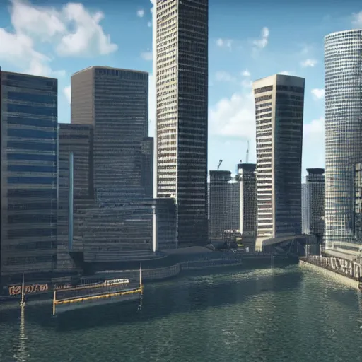 Prompt: canary wharf, screenshot from 2 0 2 5 pc game, unreal engine, maximum graphics settings, very detailed realistic textures, 8 k uhd