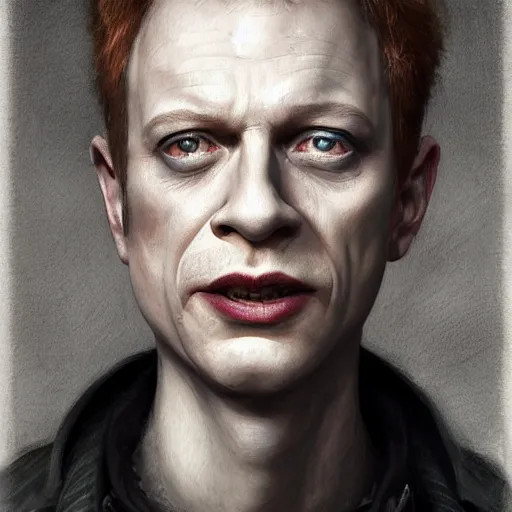 Image similar to danny elfman character portrait, lean face, cinematic lighting, glowing grey eyes, hyper - detailed, 4 k, high resolution, in the style of charlie bowater, tom bagshaw, single face, symmetrical, headshot photograph, insanely detailed and intricate, beautiful, elegant, watercolor, cinematic, portrait, raphaelite, headroom, pierre - auguste renoir