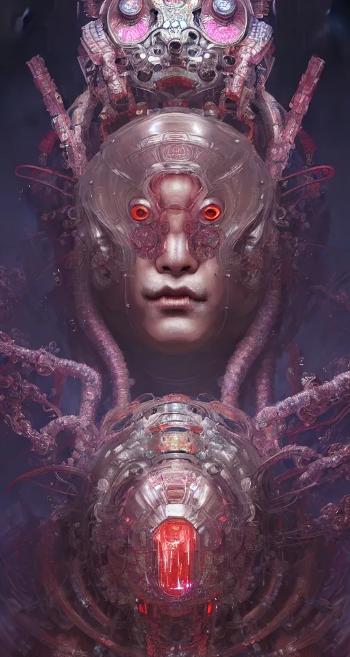 Image similar to asura from chinese myth, ghost, gorgeous and huge head ornaments, dystopian, cyberpunk, organic fractal mycelum and fungi, mecha, halfturn portrait of a big crystal face made of crystals half - turn, ominous, intricate, studio, art by anthony macbain + greg rutkowski + alphonse mucha, concept art, 4 k, sharp focus