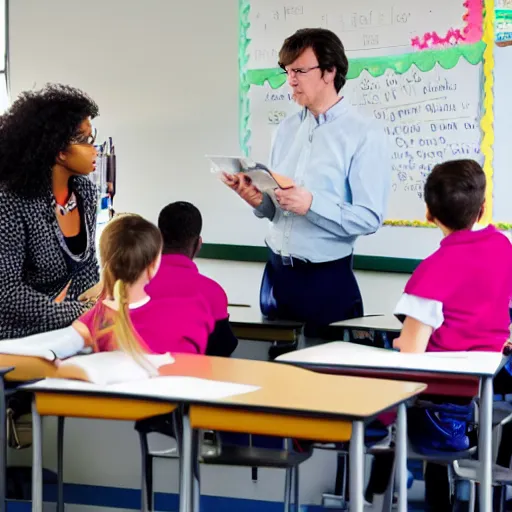 Prompt: teacher explaining at school next to a robot