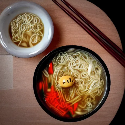 Image similar to Extremely hot, steaming bowl of noodle soup with a screaming human face. Anthropomorphic. Extremely detailed. Award winning. Intense. Demonic.