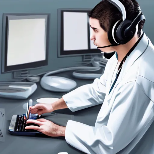 Image similar to An anthropomorphic grey dolphin in a white lab-coat playing games on a computer, digital painting, close-up, wearing a headset