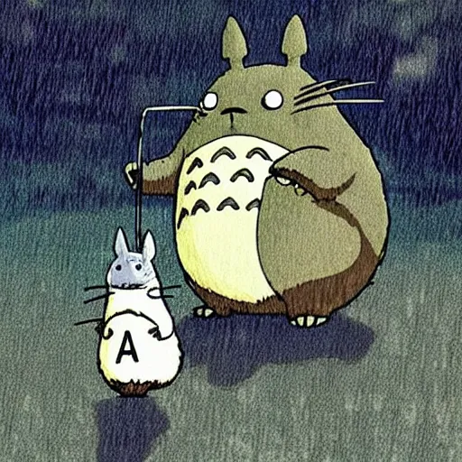 Image similar to Totoro is hailing a cab in the rain