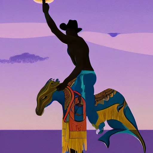 Prompt: a beautiful tarot painting of a handsome african cowboy, riding a dolphin, in front of a pale lavender sunrise, self erotic, dawn, predawn, golden light, art deco!, art nouveau, silhouette, no crop, trending on artstation