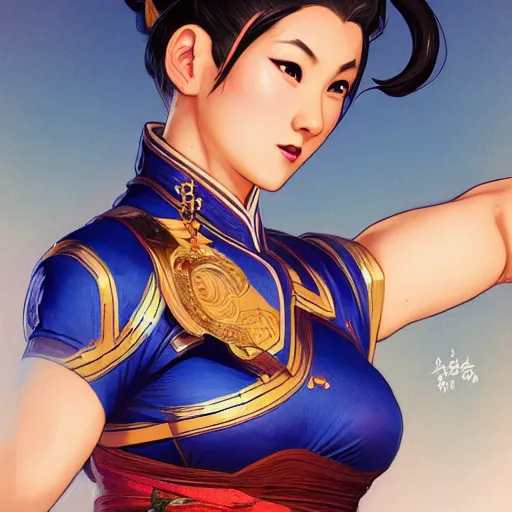 Image similar to Chun Li wearing a qipao, highly detailed, digital painting, artstation, concept art, sharp focus, illustration, cinematic lighting, art by artgerm and greg rutkowski and alphonse mucha