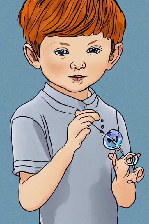 Image similar to a little boy with ginger hair blowing bubbles. clean elegant simple illustration, beautiful detailed face.