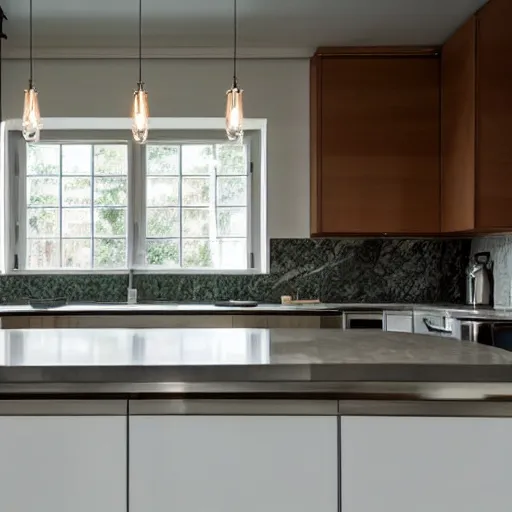 Prompt: a normal kitchen with stainless steel appliances a marble island window light, domestic, realistic, 35mm lens