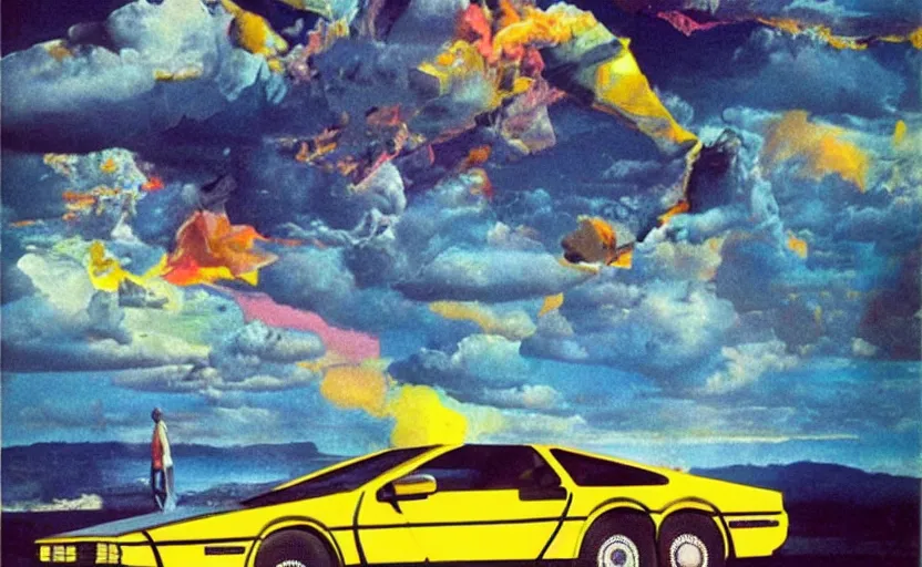 Prompt: a yellow delorean in the clouds, colourful art by salvador dali magazine collage,