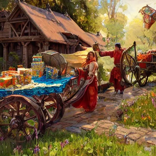 Image similar to a medieval cart bringing with gifts from the cloud tribe, dragon scales and crates of food, fantasy splash art by Michael Garmash, Donato Giancola