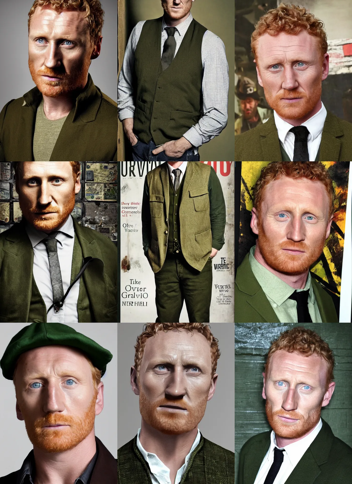 Prompt: portrait close - up kevin mckidd ciaran murphy, olive green flat cap and waistcoat, dark, gta v cover!!