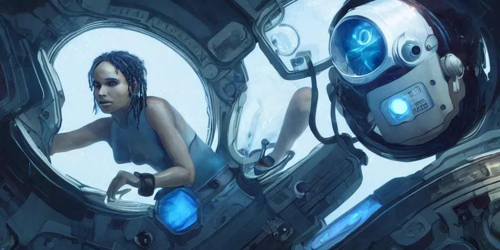 Image similar to Zoe Kravitz with short hair as a techpunk astronaut, helmet with led lights, underwater in the ocean at night, clear water, volumetric lighting, glowing lights, 4k, octane, digital painting, artstation, concept art, cinematic film, sharp focus, illustration, art by artgerm and greg rutkowski and alphonse mucha , wide angle view,