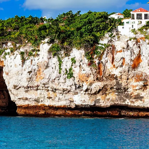 Image similar to photo of a spanish galleon in front of a jamaican shoreline cliff with a cave