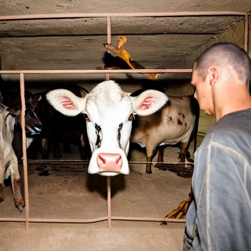 Image similar to inmates with cow heads inside a jailcell