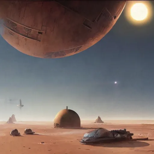 Prompt: star wars concept art of tatooine by greg rutkowski, cinematic lighting, evening light, nostalgic atmosphere.