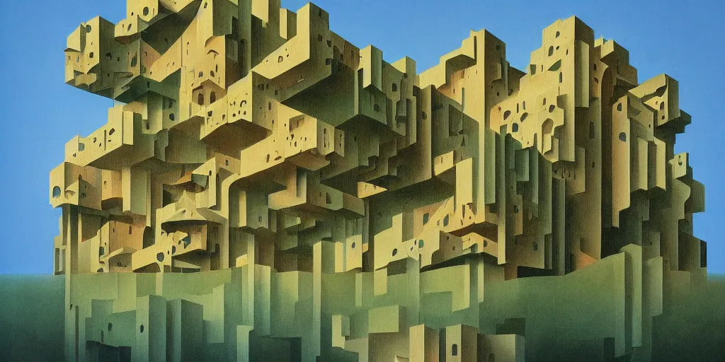 Image similar to angular building by escher and mandelbrot, ricardo bofill. utopian landscape by roger dean. magical realism, surrealism, waterfalls, trending on artstation, shot from below,