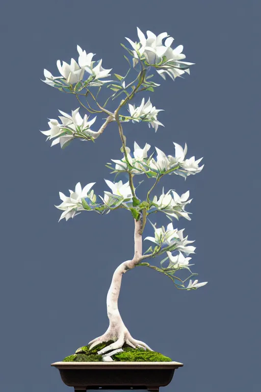 Image similar to a single flower, white and aqua blue bonsai lily, cool color palette, etheral, intricate details, elegance, sophisticated, cool color palette, golden ratio, infini - d - render