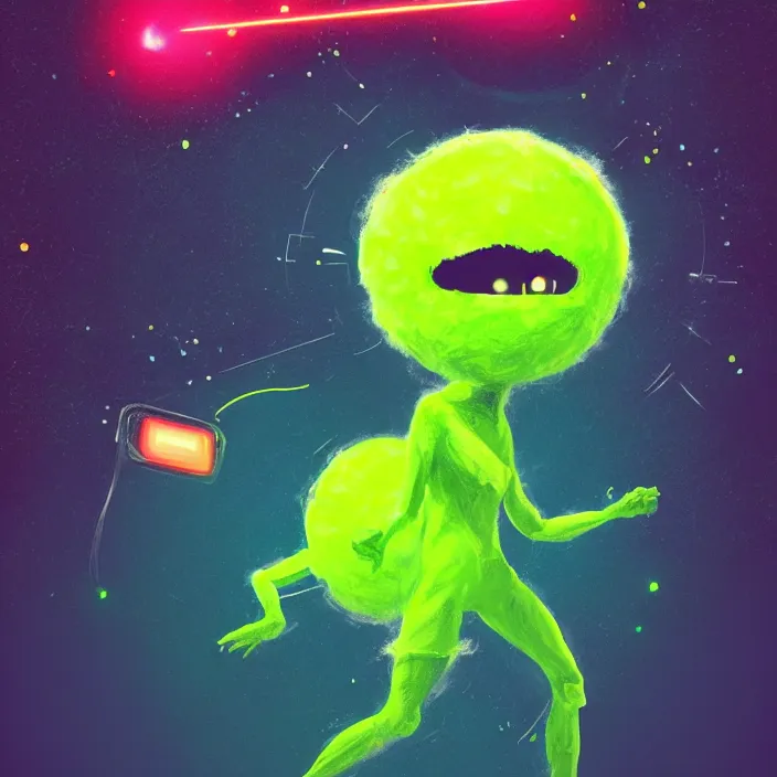 Image similar to cinematic portrait of a cute tennis ball monster in space, neon lasers, chalk, masterpiece, trending on artstation, featured on pixiv, cinematic composition, dramatic pose, beautiful lighting, sharp details, hyper - detailed, hd, hdr, 4 k, 8 k, art by basil gogos