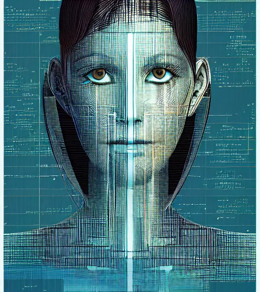 Image similar to female face on a backdrop of data, Industrial Scifi, detailed illustration, character portrait, by Martin Grip and Moebius