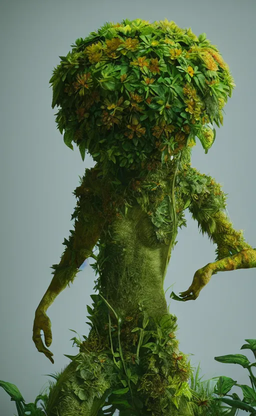 Image similar to a plant creature, foliage, plant filaments, flowers, humanoid shape, full body, photorealistic, 4 k, octane render, cinematic lighting, artistic photography, insanely detailed and intricate