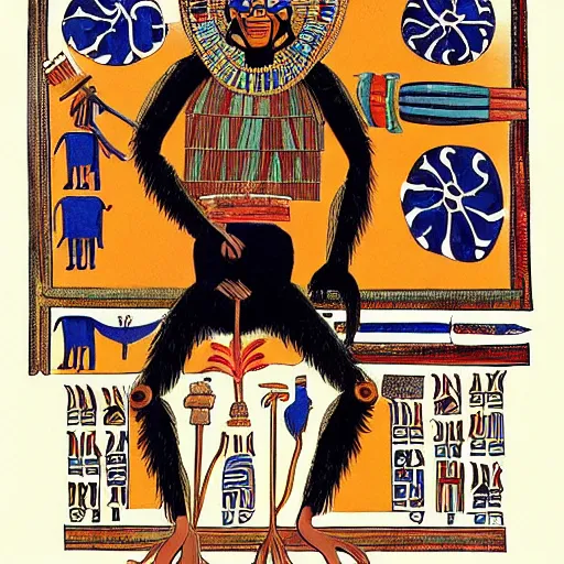 Prompt: A body art that features a chimpanzee surrounded by a castle turret. The chimp is shown wearing a crown and holding a scepter, and the castle is adorned with banners. ancient egyptian papyrus, Sumerian by Jesper Ejsing, by Warren Ellis, by John Harris ghostly