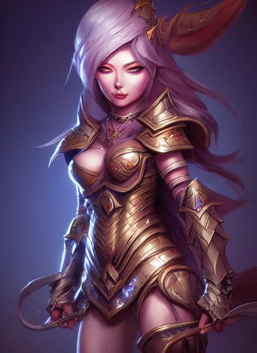 Image similar to sakimi chan, fantasy armor, detailed face, dynamic lighting, tony sart