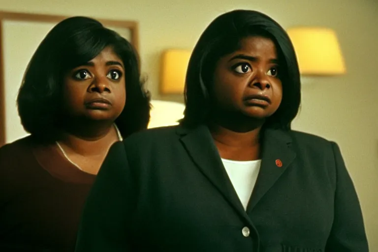 Prompt: cinematic shot from a 1 9 8 5 paranoid thriller, screenshot of octavia spencer confronts at senator joe manchin's ear, in the near future, motel room film directed by stanley kubrick, color theory, anamorphic lenses, beautiful cinematography, leading lines, photorealistic, volumetric lighting, 4 k