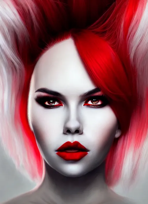 Image similar to photo of kerli koiv with red and white ombre in the style of stefan kostic, realistic, half body shot, sharp focus, 8 k high definition, insanely detailed, intricate, elegant, art by stanley lau and artgerm, foggy backgeound