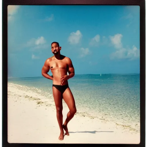 Image similar to will smith wearing a pink speedo on a moonlit beach in miami in the 8 0 s, polaroid photo