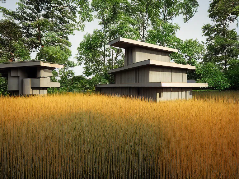 Prompt: hyperrealism colour design by frank lloyd wright and kenzo tange and hayao miyazaki photography from 5 point of perspective of beautiful detailed small solarpunk house with many details in small detailed ukrainian village designed by taras shevchenko and wes anderson and caravaggio, wheat field behind the house, around the forest volumetric natural light