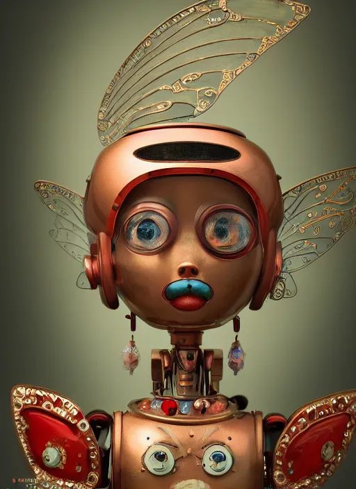 Prompt: closeup profile portrait of tin toy robot fairy, depth of field, zeiss lens, detailed, symmetrical, centered, fashion photoshoot, by nicoletta ceccoli, mark ryden, lostfish, breathtaking, 8 k resolution, extremely detailed, beautiful, establishing shot, artistic, hyperrealistic, octane render