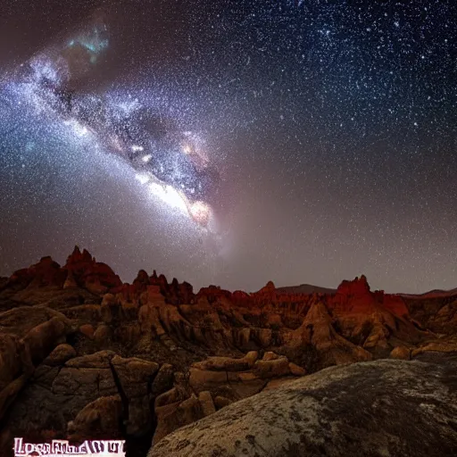Prompt: a hyper realistic photograph of the milky way galaxy shining from above a rock canyon, award winning