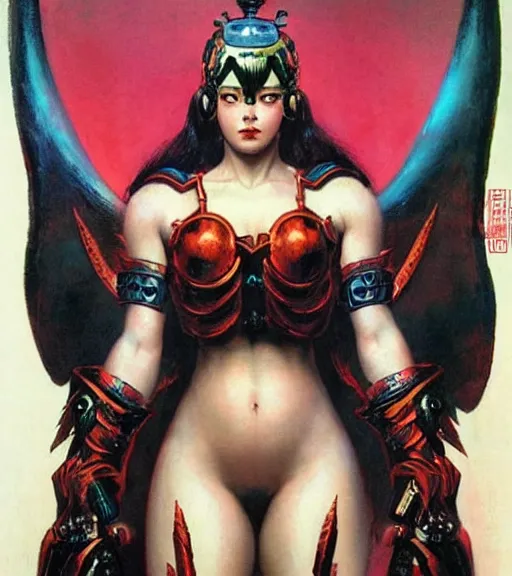 Prompt: portrait of strong korean female chaos angel, beautiful! coherent! by frank frazetta, by brom, strong line, vivid neon color, spiked scrap metal armor, iron helm maximalist