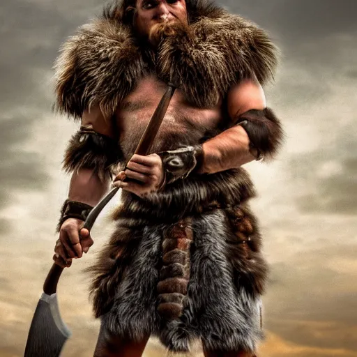 Image similar to a dnd barbarian wearing a fur coat, shoulder armor and holding an axe, high resolution film still, 4k, HDR color