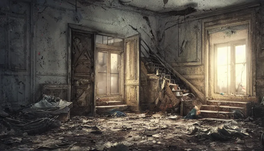 Image similar to abandoned dusty small house with damaged stairs, peeling tapestry, dirty ground, old furnitures, moonlight through old broken windows, hyperdetailed, artstation, cgsociety, 8 k