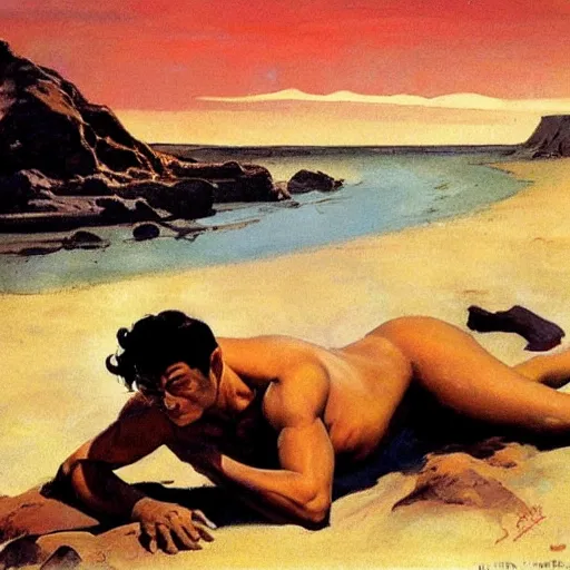 Prompt: a man laying on a Martian beach, frank frazetta