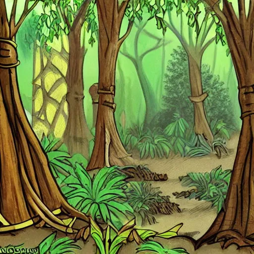 Prompt: a medieval forest hidden in the jungle, in the style of bob clampett,