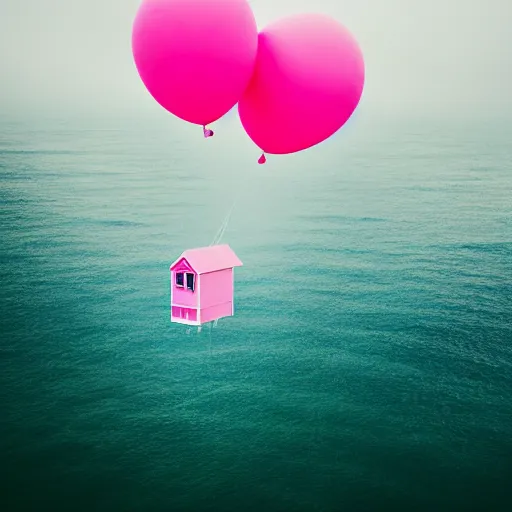 Image similar to a 5 0 mm lens photograph of a cute pink floating modern house, floating in the air between clouds, inspired by the movie up, held up from above by heart ballons. mist, playful composition canon, nikon, award winning, photo of the year