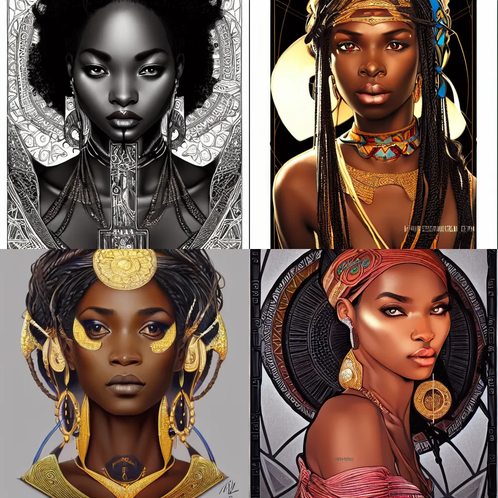 Prompt: black african princess, symmetric, intricate, highly detailed, concept art, sharp focus, illustration, rutkowski, artgerm, alphonse mucha
