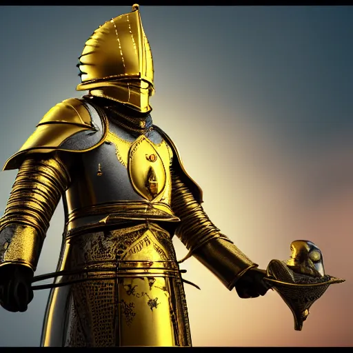 Image similar to a highly detailed knight in a T golden helmet and a golden crown with a blue diamond in the center, golden armor, leather clothes under the armor, leather gloves, holds a black sword, artstation, DeviantArt, professional, octane render, sunset lighting