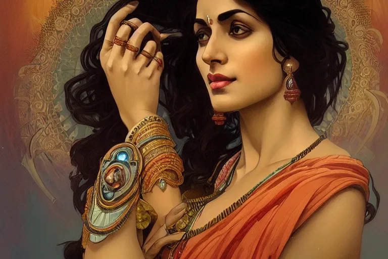 Image similar to sensual pale beautiful indian doctor in jeans, art deco portrait, elegant, intricate, digital painting, artstation, concept art, smooth, sharp focus, illustration, art by artgerm and greg rutkowski and alphonse mucha