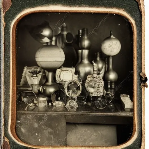 Image similar to Tintype photograph of objects displayed in an ethnographic museum, primitive display, anthropology of wonder, exotic meaning, in the style of Marcel Duchamp, found objects, ready-made, 1920s studio lighting.