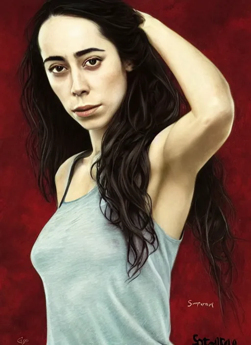 Image similar to full length photo of Oona Chaplin with a face of pain in a tanktop in the style of stefan kostic, not realistic, sharp focus, 8k high definition, insanely detailed, intricate, elegant, art by stanley lau and artgerm