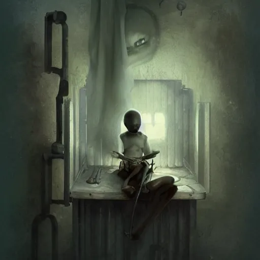 Prompt: Lil Bill sits in a dark prison cell, by Bastien LeCouffe-Deharme