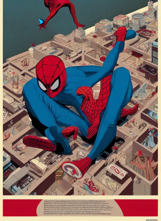 Image similar to poster artwork by Michael Whelan and Tomer Hanuka, John Romita Jr of Spiderman as a failed husband, from scene from Twin Peaks, clean, simple illustration, nostalgic, domestic, full of details