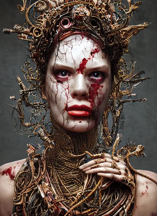 Prompt: expressive photo of sophia lauren, bumpy mottled skin full of blood and scars, ornate headpiece made from metals, cables and wires, hyper maximalist, elegant, body horror, by karol bak nd yoshitaka amano and greg rutkowski and jeremyg lipkinng and artgerm, photorealistic, fashion photography
